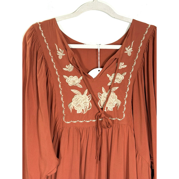 RusttyDustty Embroidered Boho Babydoll Dress Size 1X Burnt Orange Cottage New - Picture 6 of 12